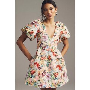 NWT Anthropologie Sachin & Babi Puff-Sleeve Deep-V Taffeta Mini Dress Medium